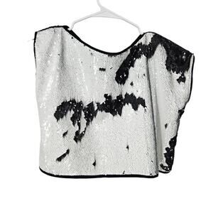 La Vaca Loca Crop Top Black White Flip Sequin Boat Neck Boxy Short Sleeve Size S